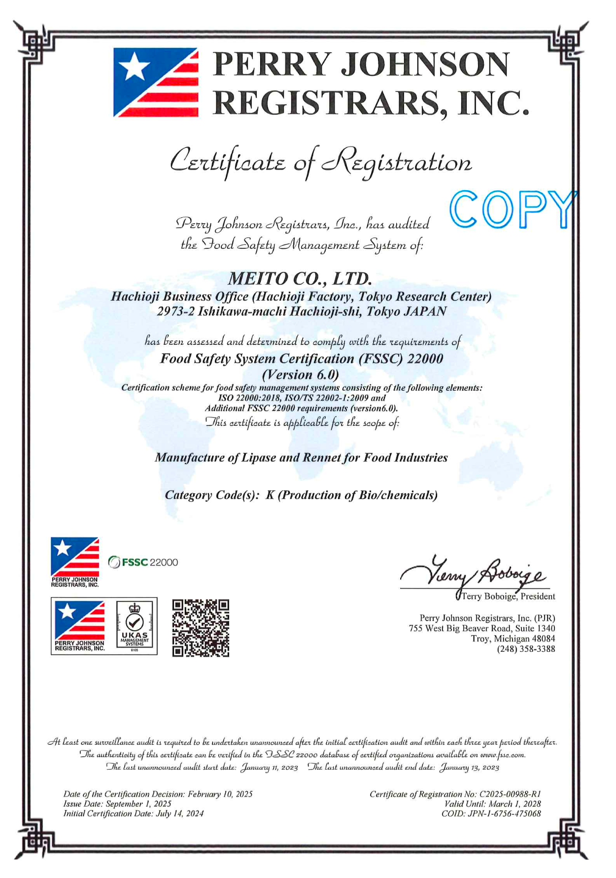 meito-fssc22000-hachioji-2025 FSSC 22000 certificate for Meito Co., Ltd., Hachioji factory, valid until 1 March 2028.