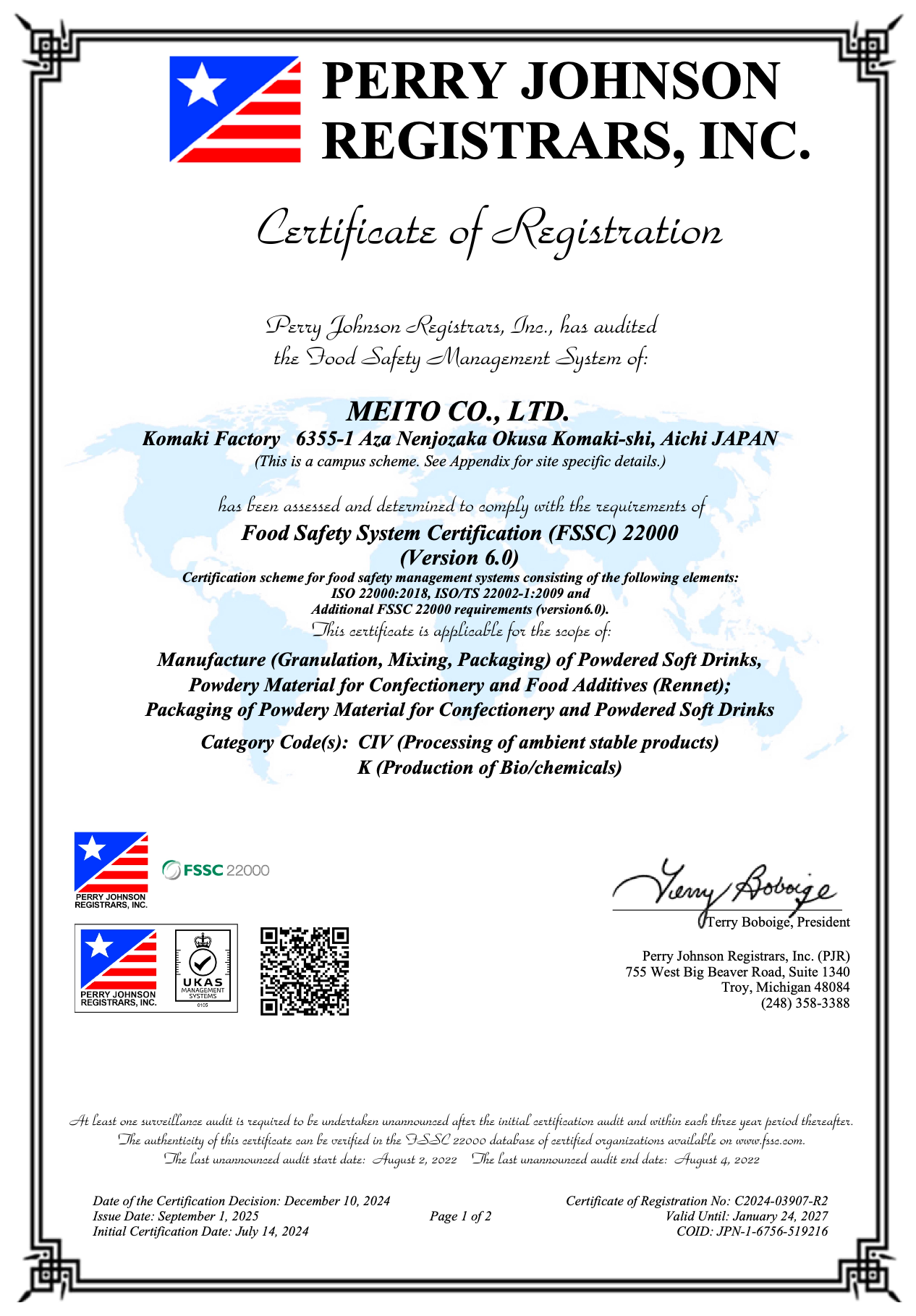 meito-fssc22000-komaki-2025 FSSC 22000 certificate for Meito Co., Ltd., Komaki factory, page 1 of 2, valid until 24 January 2027.